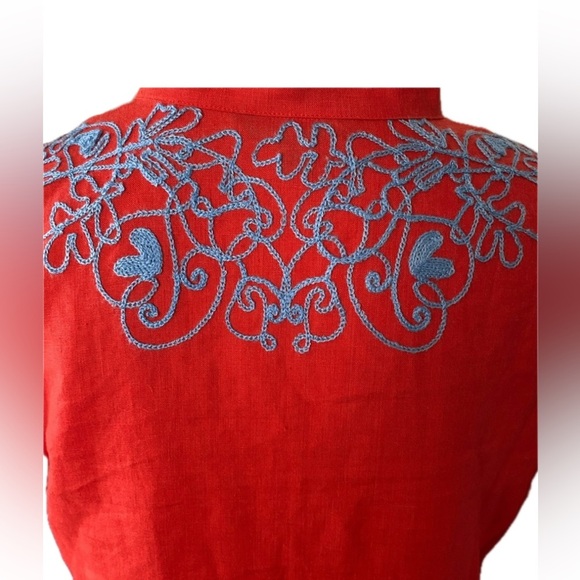Brooks Brothers Red Linen Tunic Top with Blue Embroidery  & Pockets 10 - Picture 3 of 13
